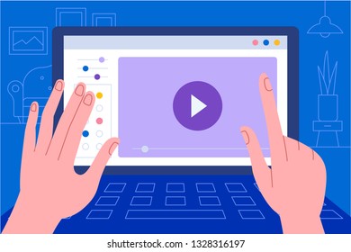 Vector illustration in simple flat style with hands and abstract user interface - teamwork and collaboration concept - tuning and developing app for business, online education platform