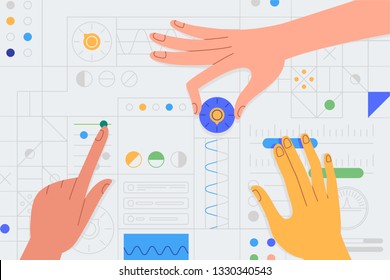 Vector Illustration In Simple Flat Style With Hands And Abstract User Interface - Teamwork And Collaboration Concept - Tuning And Developing App For Business, Online Education Platform