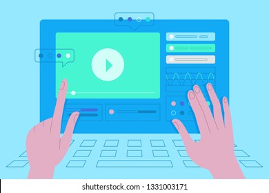 Vector illustration in simple flat style with hands and abstract user interface - teamwork and collaboration concept - tuning and developing app for business, online education platform