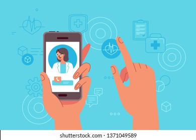 Vector illustration in simple flat style - online and tele medicine concept - hand holding mobile phone with app for healthcare - online consultation with doctor 