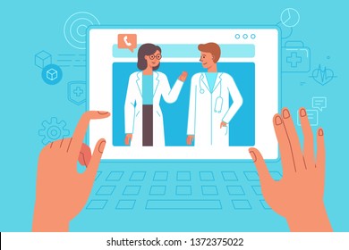 Vector illustration in simple flat style - online and tele medicine concept - hands and screen with app for healthcare - online consultation with doctor 