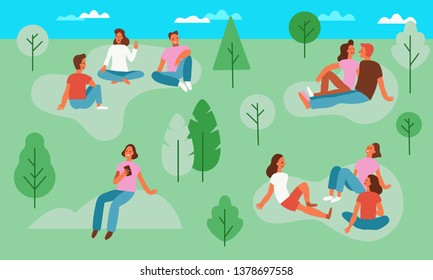 Vector illustration in simple flat style with characters - people in the park - picnic scene - men and women sitting on the grass at the open air festival - summer vacation