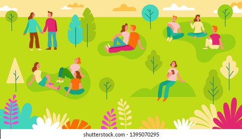 Vector illustration in simple flat style with characters - people in the park - picnic scene - men and women sitting on the grass at the open air festival - summer vacation