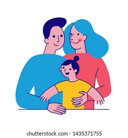 Imagen vectorial en estilo plano simple con personajes sonrientes - familia feliz dos padres con un bebé