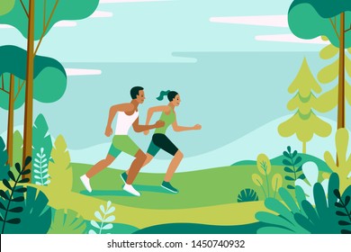 Vector illustration  in simple flat style and characters - man and woman running in the park - sport poster and banner - healthy life style concept