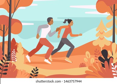 Ilustración vectorial en estilo plano y personajes simples - hombre y mujer corriendo en el parque - afiche deportivo y pancarta - concepto de estilo de vida saludable