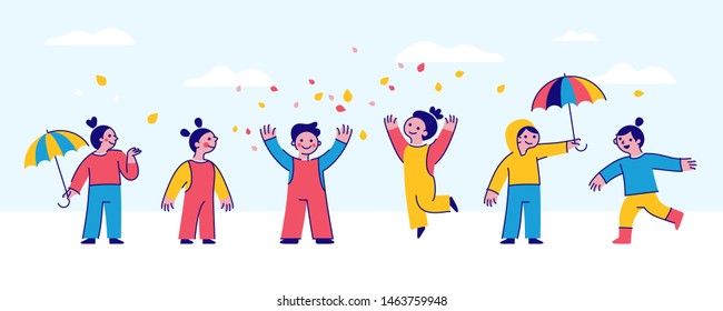 Vector illustration  in simple flat style and characters - happy children laughing and playing in the autumn park