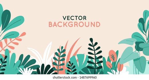 Vector illustration in simple flat style with copy space for text - background with plants and leaves - backdrop for greeting cards, posters, banners and placards - Shutterstock ID 1487699960