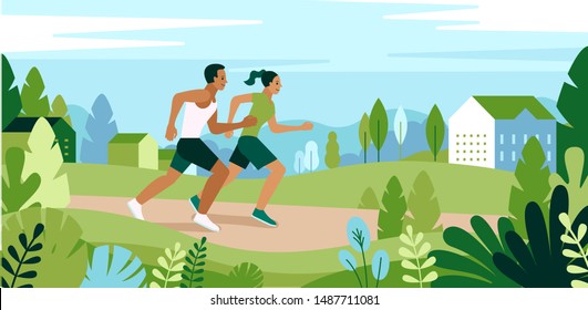 Ilustración vectorial en estilo plano y personajes simples - hombre y mujer corriendo en el parque - afiche deportivo y pancarta - concepto de estilo de vida saludable