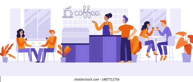 Vector illustration in simple flat style with characters - coffee shop interior with people meeting and drinking coffee