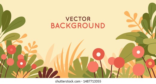 Vector illustration in simple flat style with copy space for text - background with plants and leaves - backdrop for greeting cards, posters, banners and placards