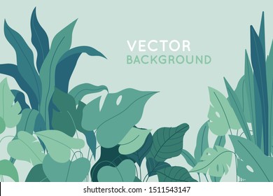 Vector illustration in simple flat style with copy space for text - background with plants and leaves - tropical backdrop for greeting cards, posters, banners and placards