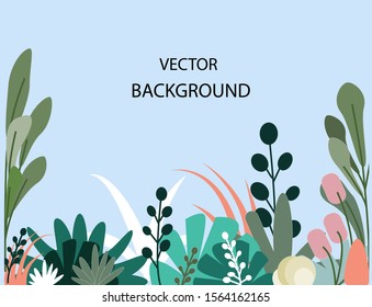 Vector illustration in simple flat style with leaves and flowers in bed colors with place for text. Background for banner, poster, greeting card.