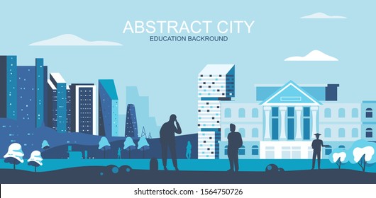 Vector illustration in simple flat style - university, college campus with students - abstract horizontal banner and education background with copy space for text - header image for landing page.