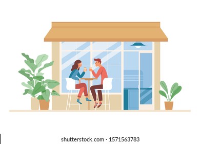 Vector illustration in simple flat style with characters - coffee shop interior with people meeting and drinking coffee