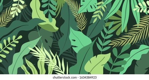 Vector illustration in simple flat style with copy space for text - background with plants and leaves - backdrop for greeting cards, posters, banners and placards