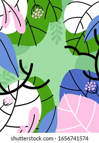Vector illustration in simple flat style of abstract foliage background with tropical leaves and copy space for text. Pastel color social media story wallpaper with exotic plants. Editable stroke