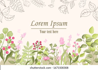 Vector illustration in simple flat style with copy space for text - background with plants and leaves - backdrop for greeting cards, posters, banners and placards.