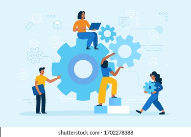Vector illustration in simple flat style - teamwork and development concept - people holding  abstract geometric shapes and gears - organisation and management  