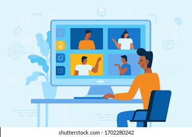 Vector illustration in simple flat style with chatacters - video conference and online meeting interface - teamwork and development concept - banner and infographics design template 