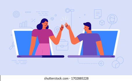 Vector illustration in simple flat style with characters - video conference and online meeting interface - teamwork and development concept - banner and infographics design template 