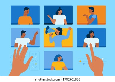 Vector illustration in simple flat style with chatacytrs - video conference and online meeting interface - teamwork and development concept - banner and infographics design template 