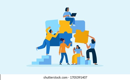 Vector illustration in simple flat style - teamwork and development concept - people holding  abstract geometric shapes and puzzle pieces - organisation and management  