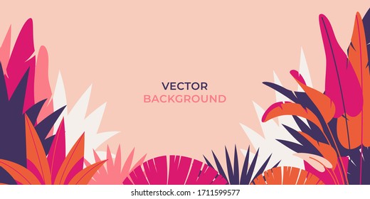 Vector illustration in simple flat style with copy space for text - background with plants and leaves - backdrop for greeting cards, posters, banners and placards