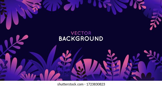 Vector illustration in simple flat style with copy space for text - background with plants and leaves - backdrop for greeting cards, posters, banners and placards with bright gradient colors