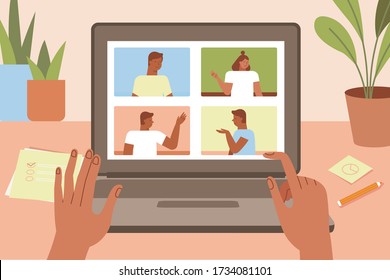 Vector illustration in simple flat style with characters - collective video conference and online group meeting - teamwork and remote freelance working during the quarantine and lockdown concept  