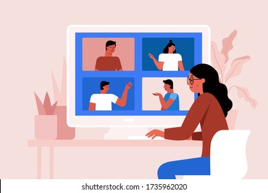 Vector illustration in simple flat style with characters - collective video conference and online group meeting - teamwork and remote freelance working during the quarantine and lockdown concept  