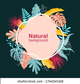 Vector illustration in simple flat style with copy space for text - background with plants and leaves - backdrop for greeting cards, posters, banners and placards