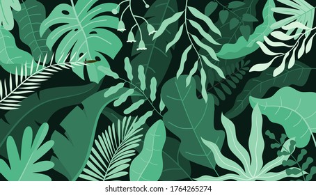 Vector illustration in simple flat style with copy space for text - background with plants and leaves - backdrop for greeting cards, posters, banners and placards