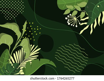 Vector illustration in simple flat style with copy space for text - background with plants and leaves - backdrop for greeting cards, posters, banners and placards