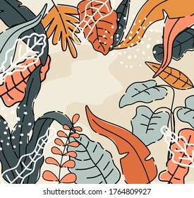 Vector illustration in simple flat style with copy space for text - background with plants and leaves - backdrop for greeting cards, posters, banners and placards