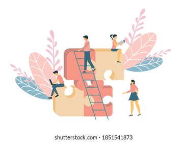 Vector illustration in simple flat style - teamwork and development concept - people holding abstract geometric shapes and puzzle pieces - organisation and management