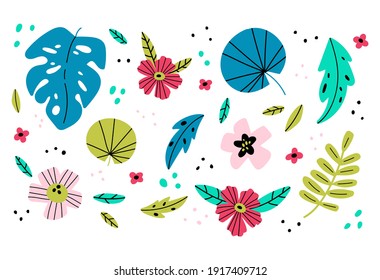 Vector illustration in simple flat style. Tropical leaves and flowers. Background with plants and leaves. Design for greeting cards, posters, banners and placards. 