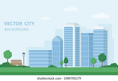 Vector illustration in simple flat style. City landscape with buildings, bench and trees. Horizontal banner and background with copy space for text.