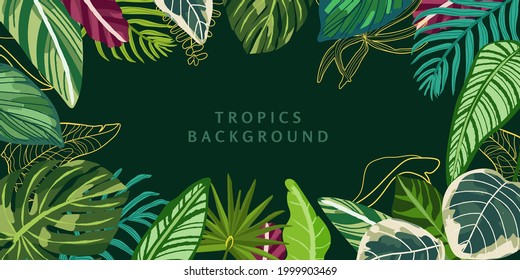 Vector illustration in simple flat style with copy space for text - background with plants and leaves - backdrop for greeting cards, posters, banners and placards