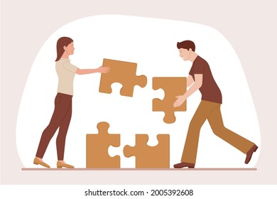 Vector illustration in simple flat style - teamwork and development concept - people holding puzzle pieces - organisation and management