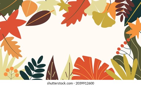 vector illustration in simple flat style with copy space for text - background with plants and leaves (autumnfall  vibe) -a backdrop for greeting cards, posters, banners, and postcards