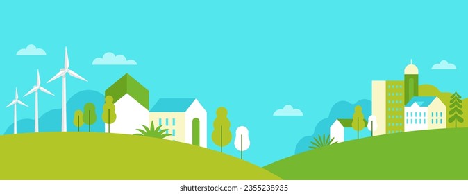 Vector illustration in simple flat style - alternative and renewable energy - wind-powered electrical generators, solar panels and farm house with natural landscape

