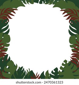Vector illustration in simple flat style with copy space for text. Background with plants and leaves. Backdrop for posters, greeting cards, banners and placards.Jungle leaves.	