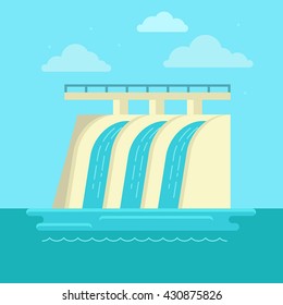 Vector illustration in simple flat style - alternative and renewable energy - hydroelectric station with natural landscape