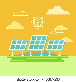 Vector illustration in simple flat style - alternative and renewable energy - solar panels with natural landscape