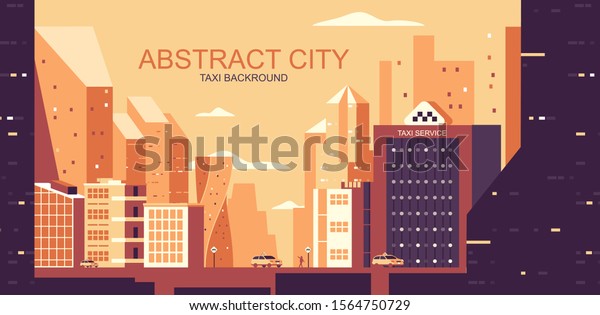 Vector illustration in simple flat style - urban\
landscape with yellow cabs - abstract horizontal city travel banner\
and taxi background with copy space for text - header image for\
landing page.
