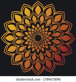 Vector illustration of a simple floral mandala ornament. Stylized sunflower or dahlia with shades of yellow and orange on black background.