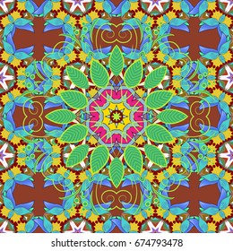Vector illustration. Simple floral seamless pattern with small flowers. Elegant decorative ornament for fashion print, scrapbook, wrapping paper, wallpaper. Outline flowers on colorful background.