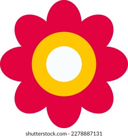 Vector illustration of a simple flower with red petals and a yellow and white center. Childish red flower.