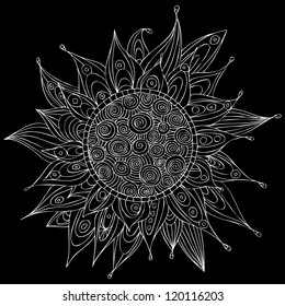 Vector illustration, simple flower sketch, white contour, card concept.